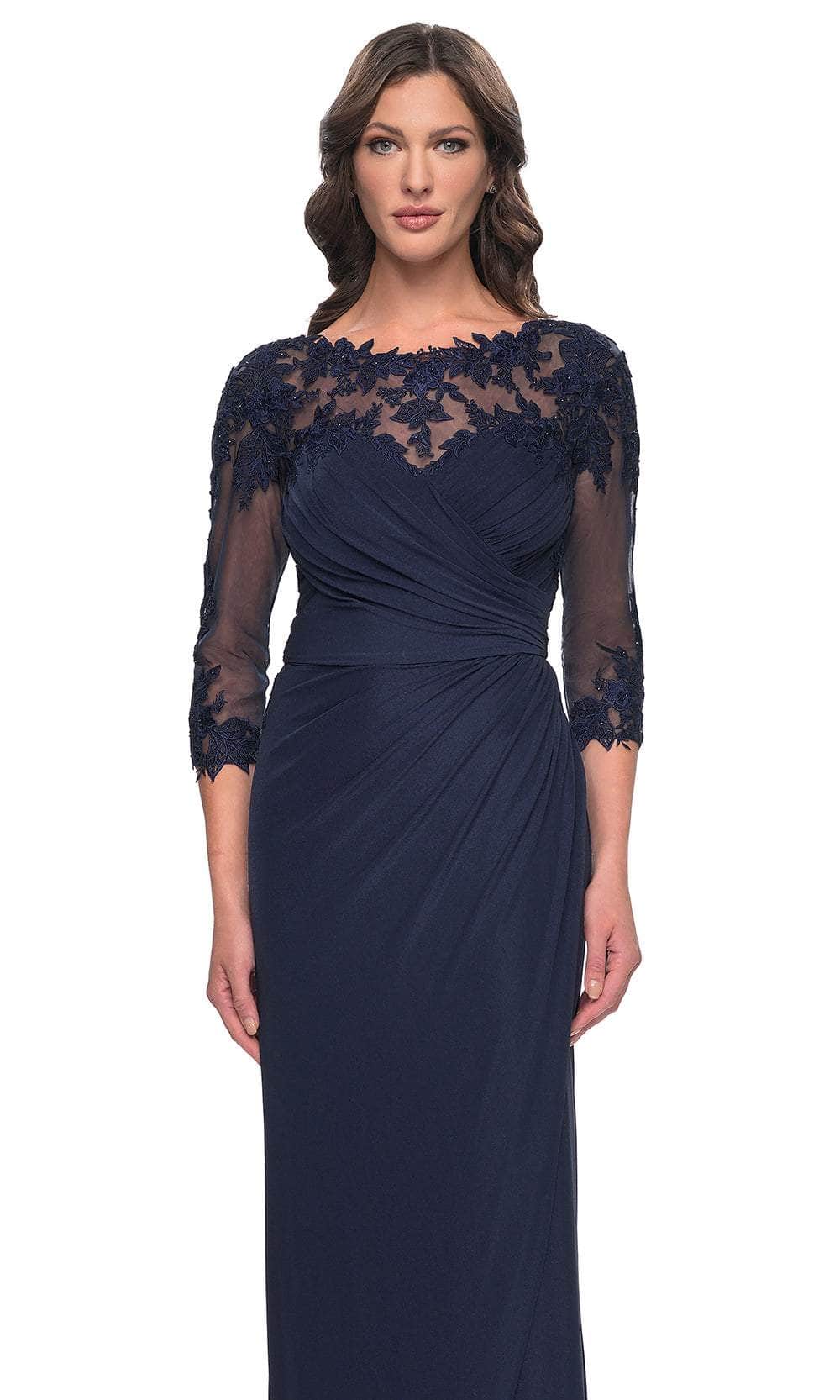 La Femme 31093 Jersey Illusion Floral V Neck Evening Gown