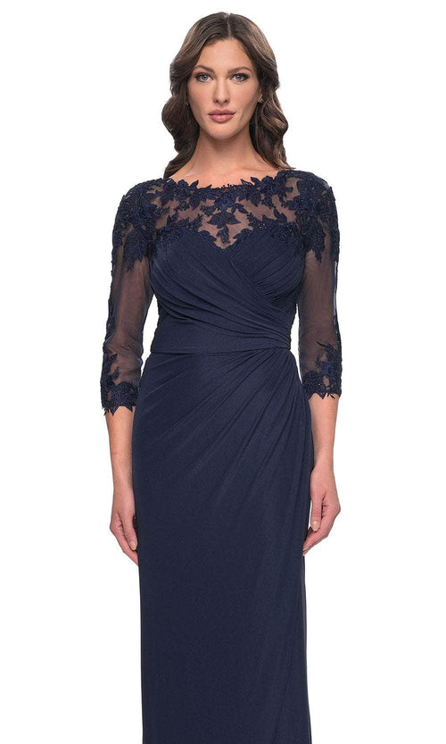 La Femme 31093 Jersey Illusion Floral V Neck Evening Gown