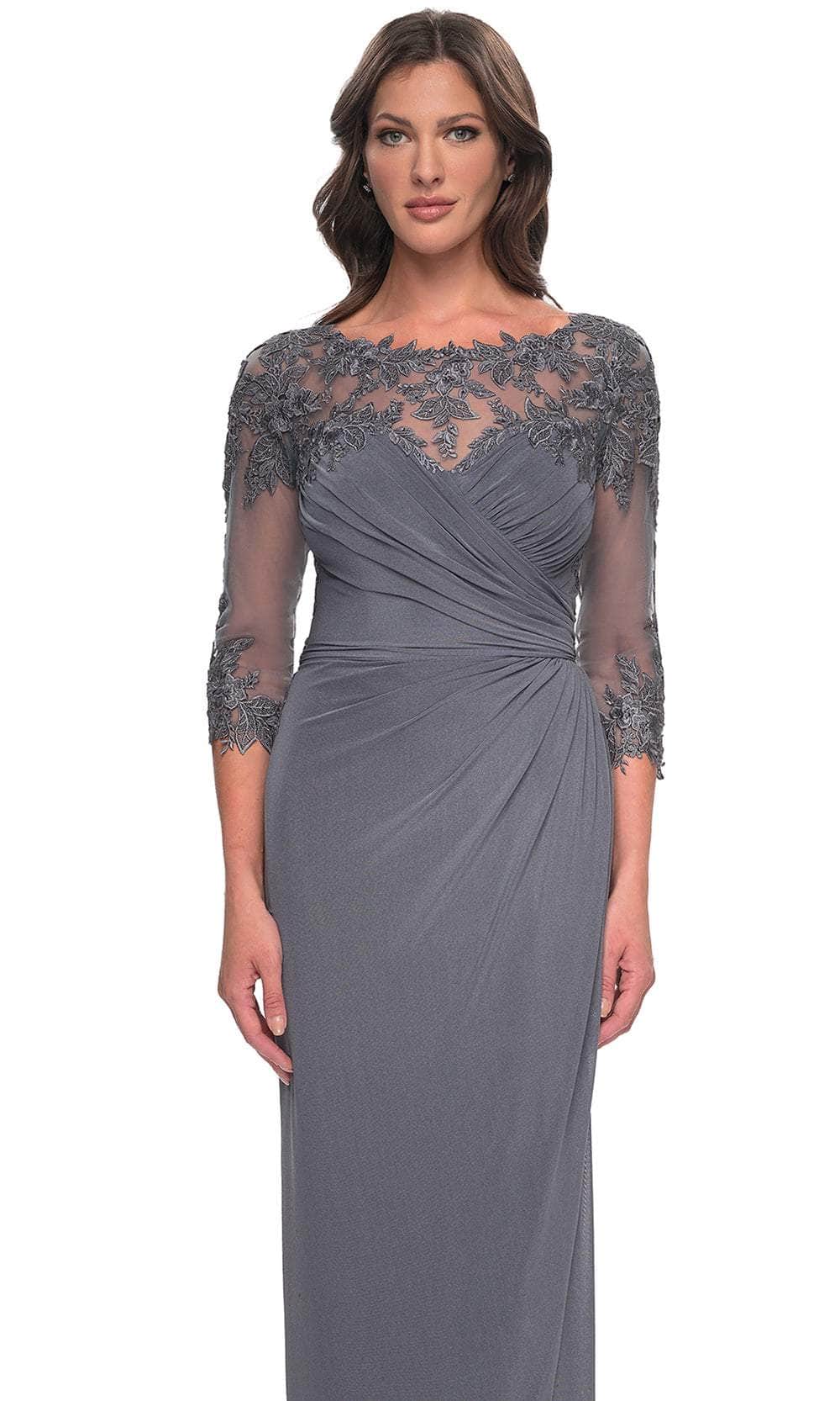 La Femme 31093 Jersey Illusion Floral V Neck Evening Gown