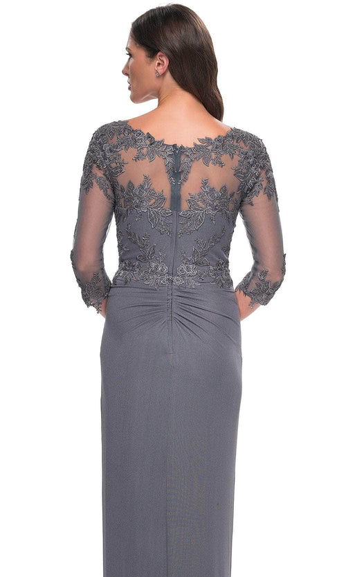 La Femme 31093 Jersey Illusion Floral V Neck Evening Gown