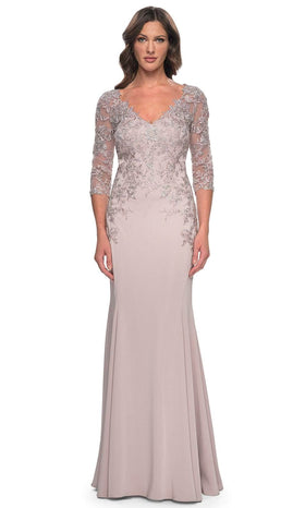 La Femme 31194 Jersey Lace Applique Illusion V Neck Evening Gown