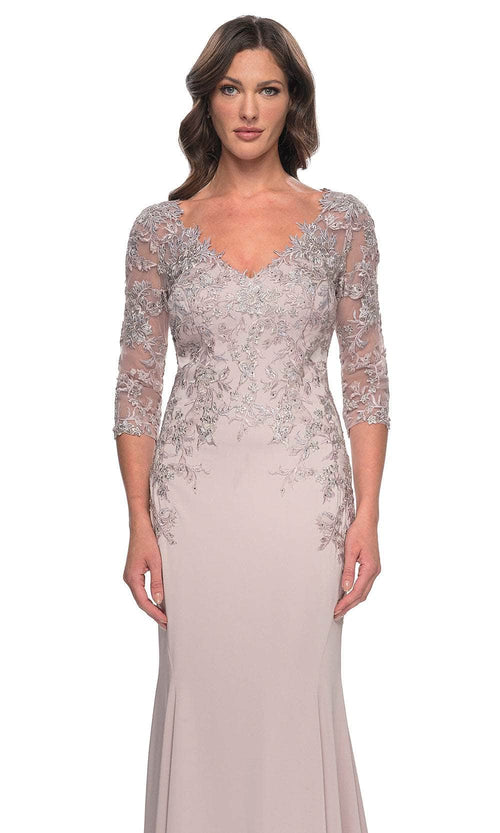 La Femme 31194 Jersey Lace Applique Illusion V Neck Evening Gown