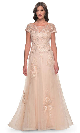 La Femme 31198 Tulle Beaded Lace Applique Bateau Prom Dress