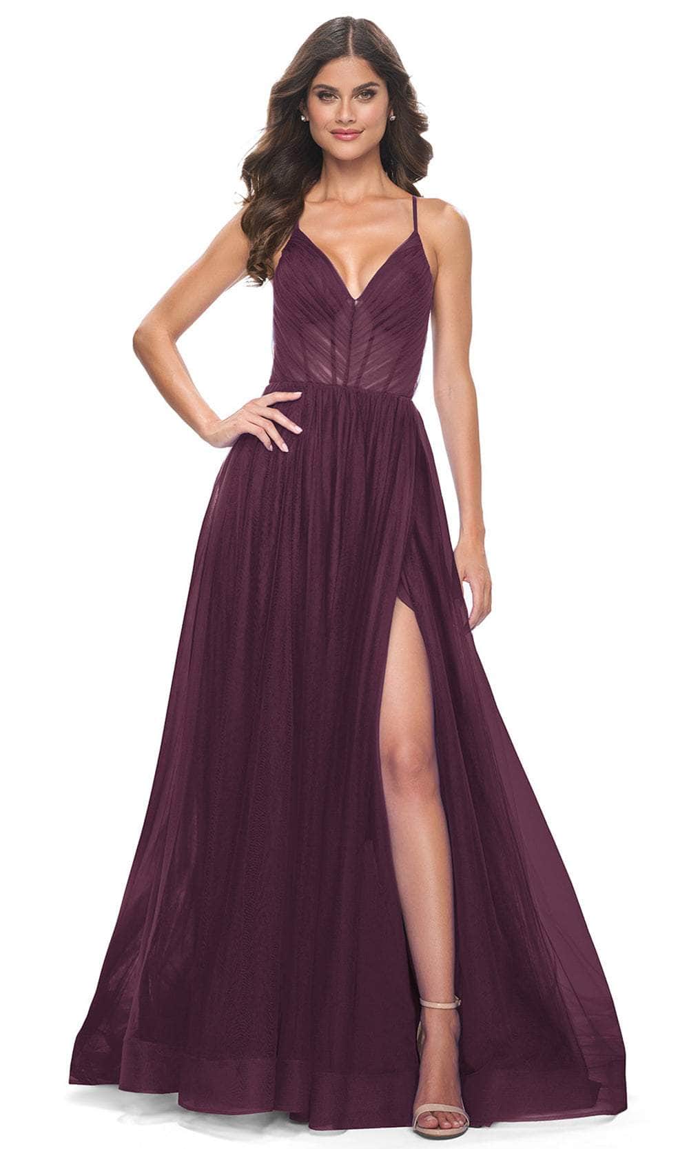 La Femme 31457 - Spaghetti Strap Tulle A-Line Prom Dress Evening Dresses 00 / Dark Berry