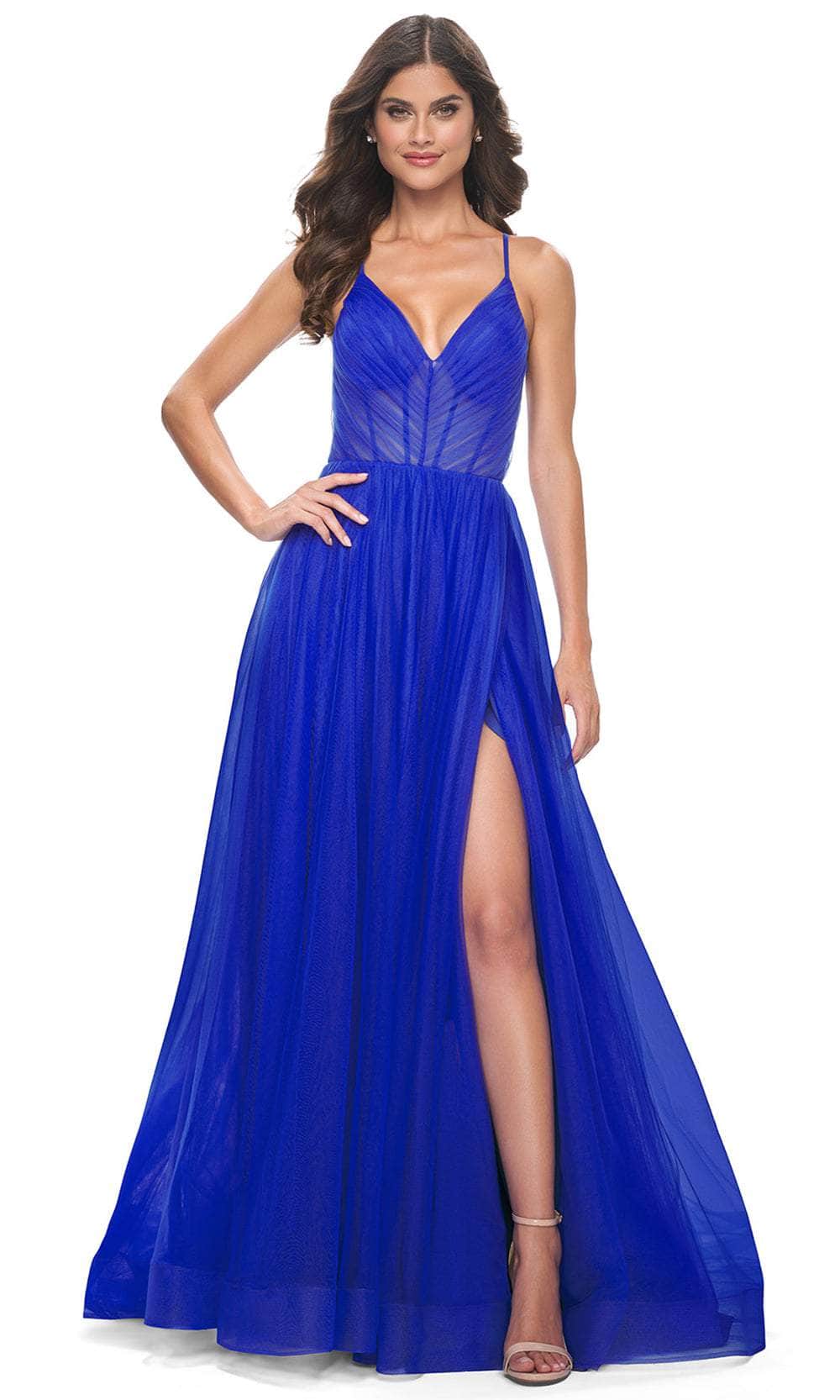 La Femme 31457 - Spaghetti Strap Tulle A-Line Prom Dress Evening Dresses 00 / Royal Blue