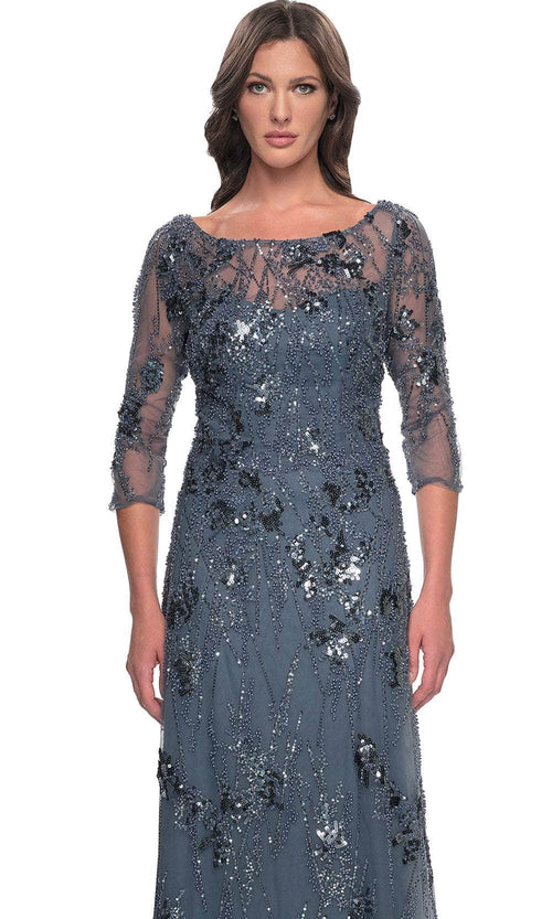 La Femme 31458 Quarter Sleeve Rhinestone Embellished Evening Gown