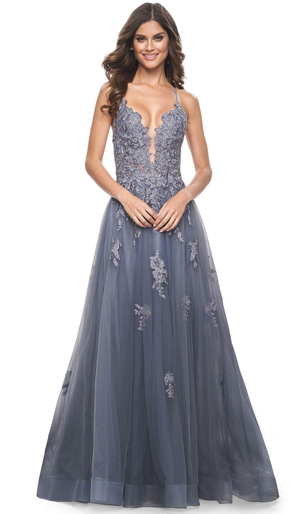 La Femme 31472 Beaded Appliqued Plunging Prom Gown