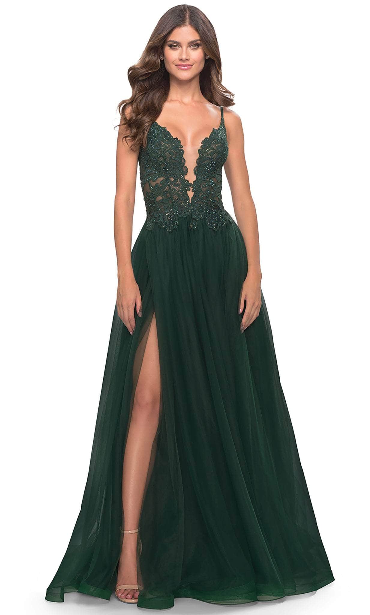 La Femme 31507 - Lace High Slit Prom Dress Special Occasion Dress 00 / Dark Emerald