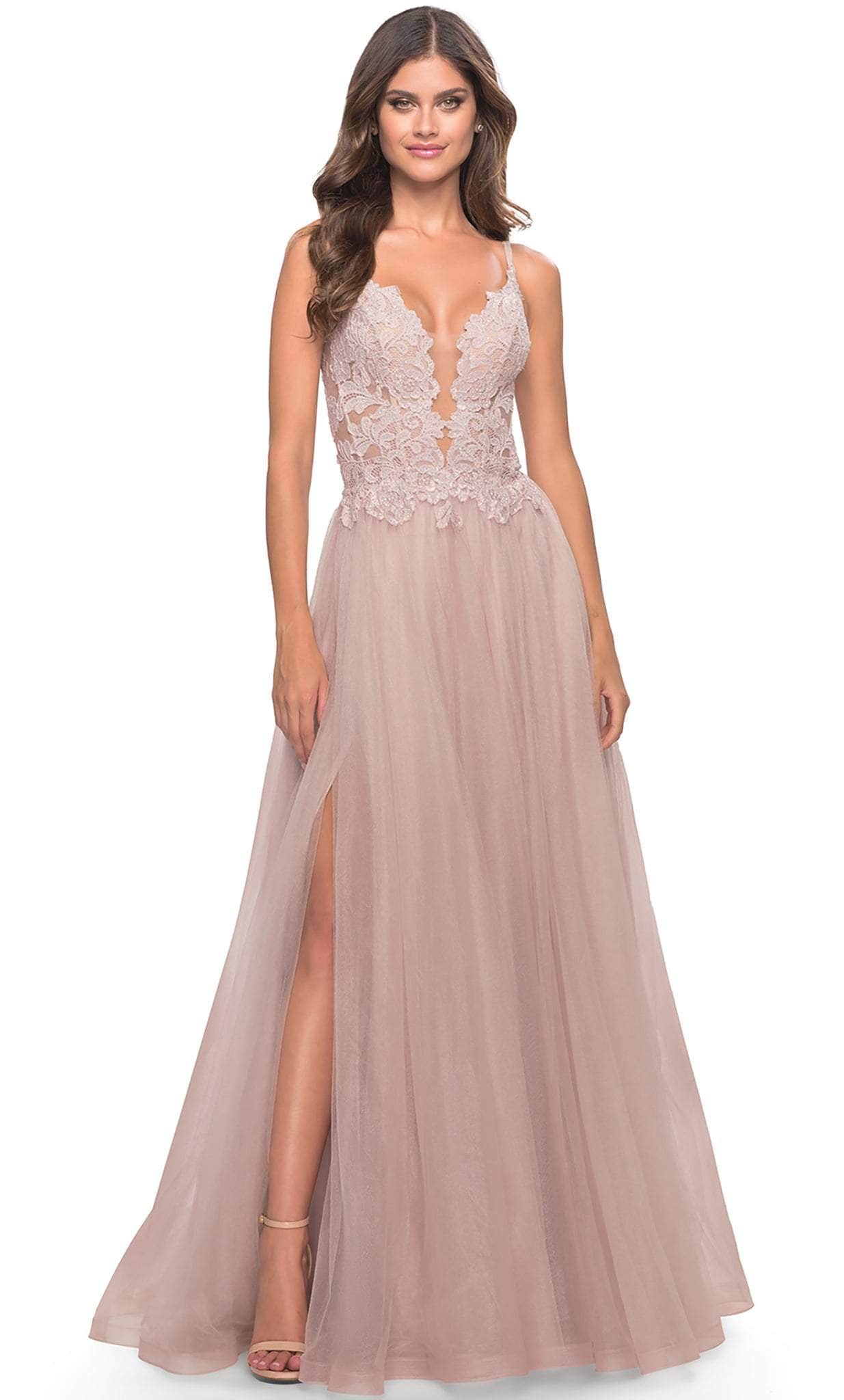 La Femme 31507 - Lace High Slit Prom Dress Special Occasion Dress 00 / Dusty Mauve