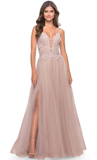 La Femme 31507 - Lace High Slit Prom Dress Special Occasion Dress 00 / Dusty Mauve