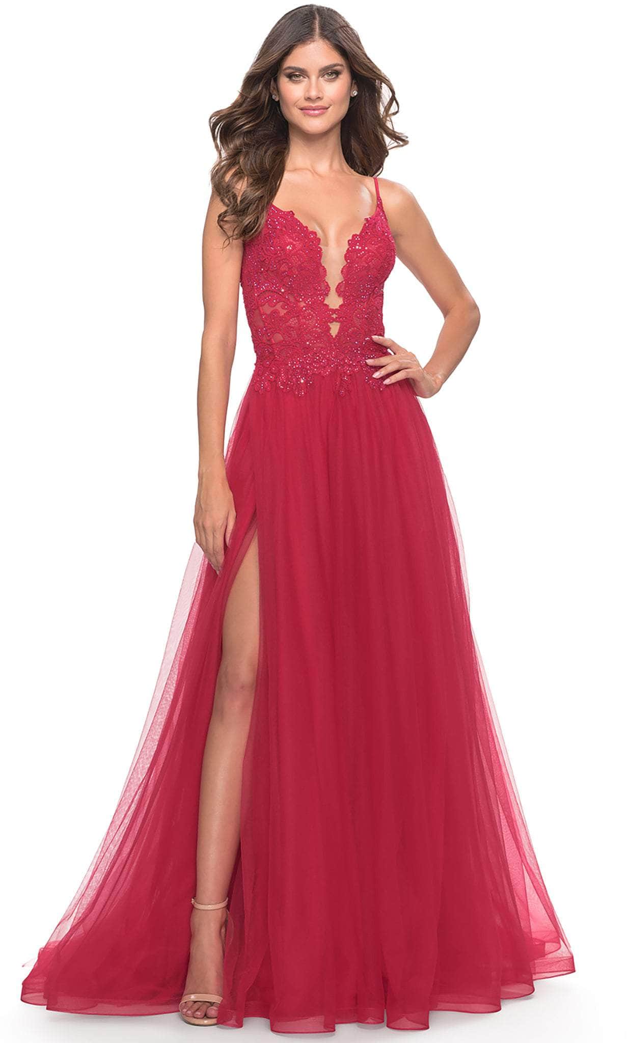 La Femme 31507 - Lace High Slit Prom Dress Special Occasion Dress 00 / Red