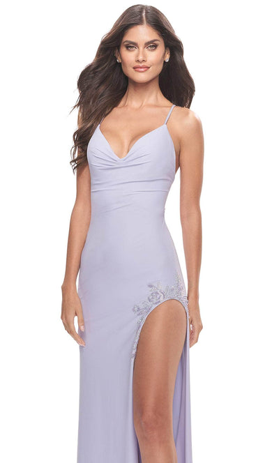 La Femme 31574 Draped Neckline High Slit Fitted Long Dress