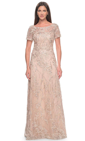La Femme 31639 Lace Beaded Bateau Short Sleeves Formal Dress