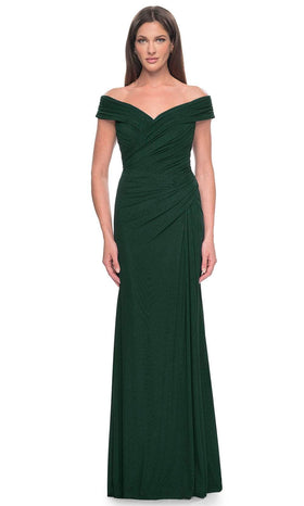 La Femme 31677 Jersey Ruched Open Back Off the Shoulder Evening Gown