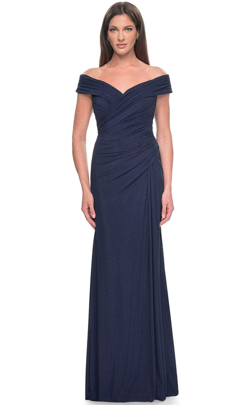 La Femme 31677 - Off Shoulder Jersey Evening Dress Evening Dresses 2 / Navy