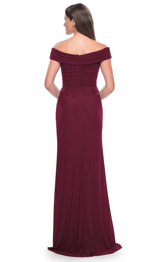 La Femme 31677 Jersey Ruched Open Back Off the Shoulder Evening Gown