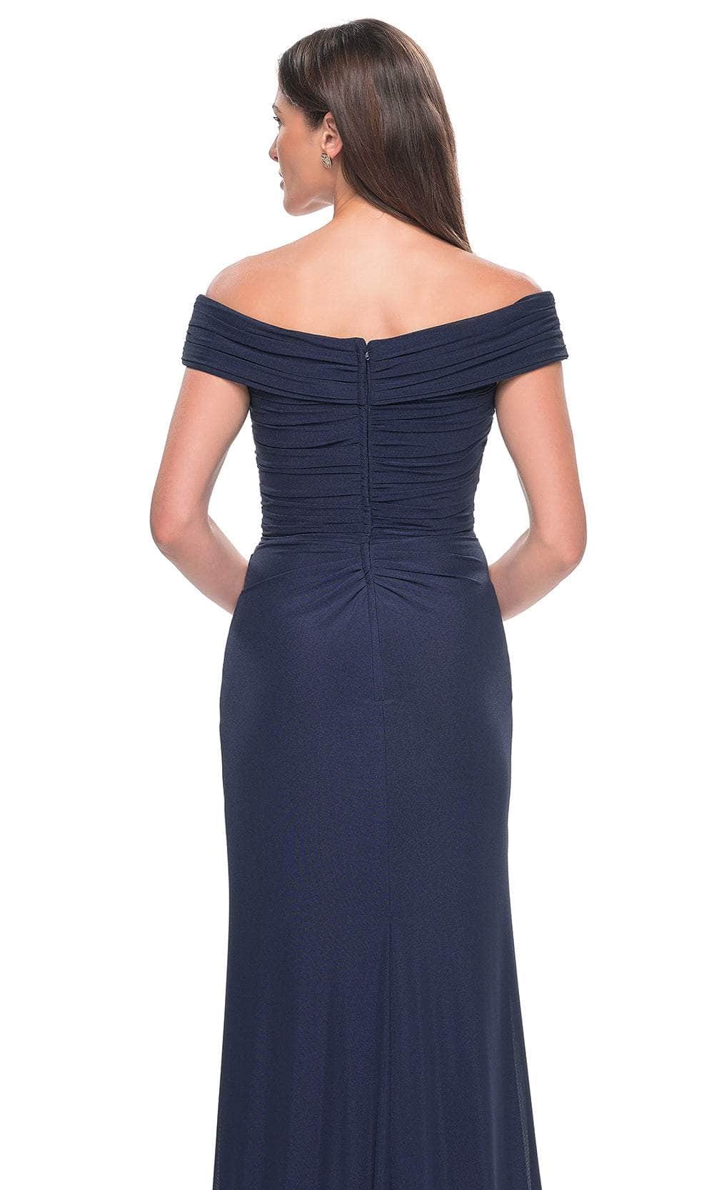 La Femme 31677 Jersey Ruched Open Back Off the Shoulder Evening Gown