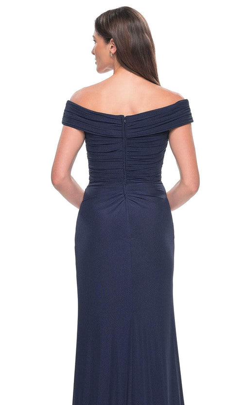 La Femme 31677 Jersey Ruched Open Back Off the Shoulder Evening Gown