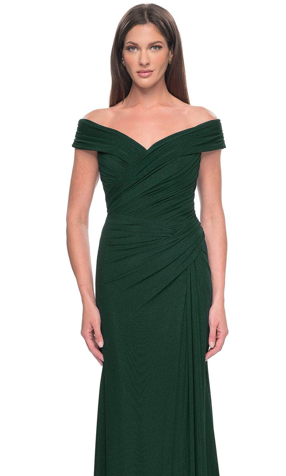 La Femme 31677 Jersey Ruched Open Back Off the Shoulder Evening Gown