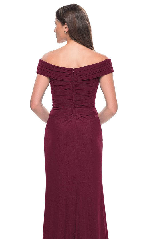 La Femme 31677 Jersey Ruched Open Back Off the Shoulder Evening Gown