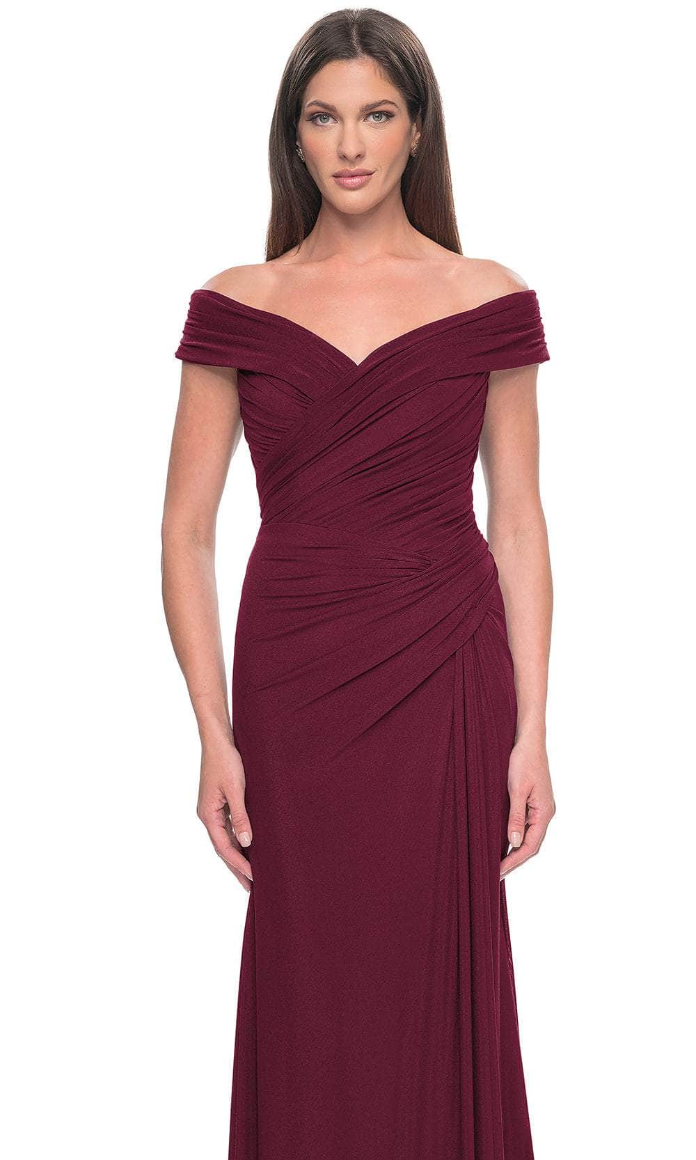 La Femme 31677 Jersey Ruched Open Back Off the Shoulder Evening Gown