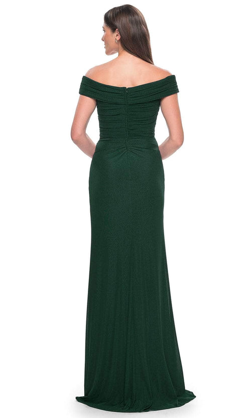 La Femme 31677 Jersey Ruched Open Back Off the Shoulder Evening Gown