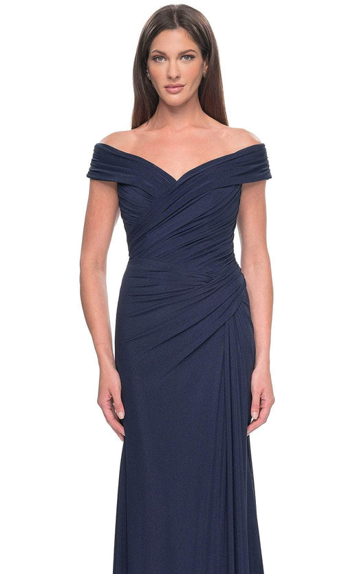 La Femme 31677 Jersey Ruched Open Back Off the Shoulder Evening Gown