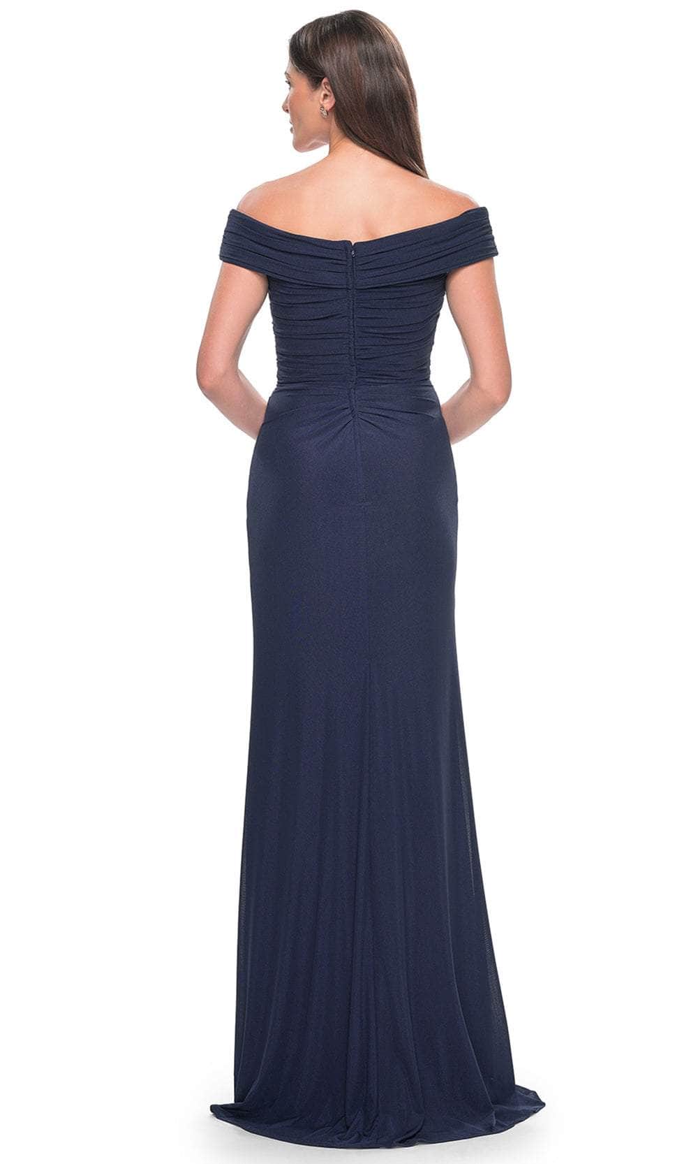 La Femme 31677 Jersey Ruched Open Back Off the Shoulder Evening Gown