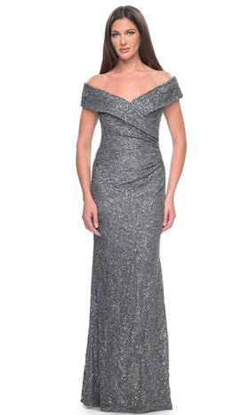La Femme 31679 Lace Beaded Ruched Off the Shoulder Evening Gown