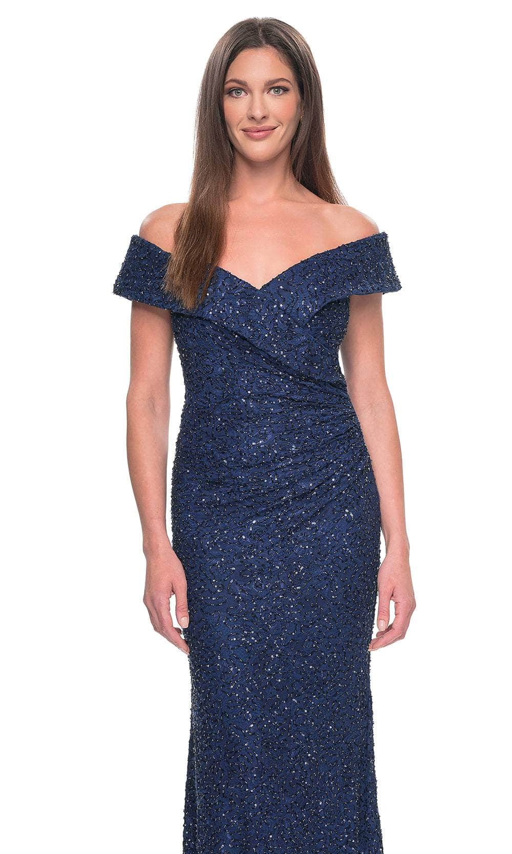 La Femme 31679 Lace Beaded Ruched Off the Shoulder Evening Gown
