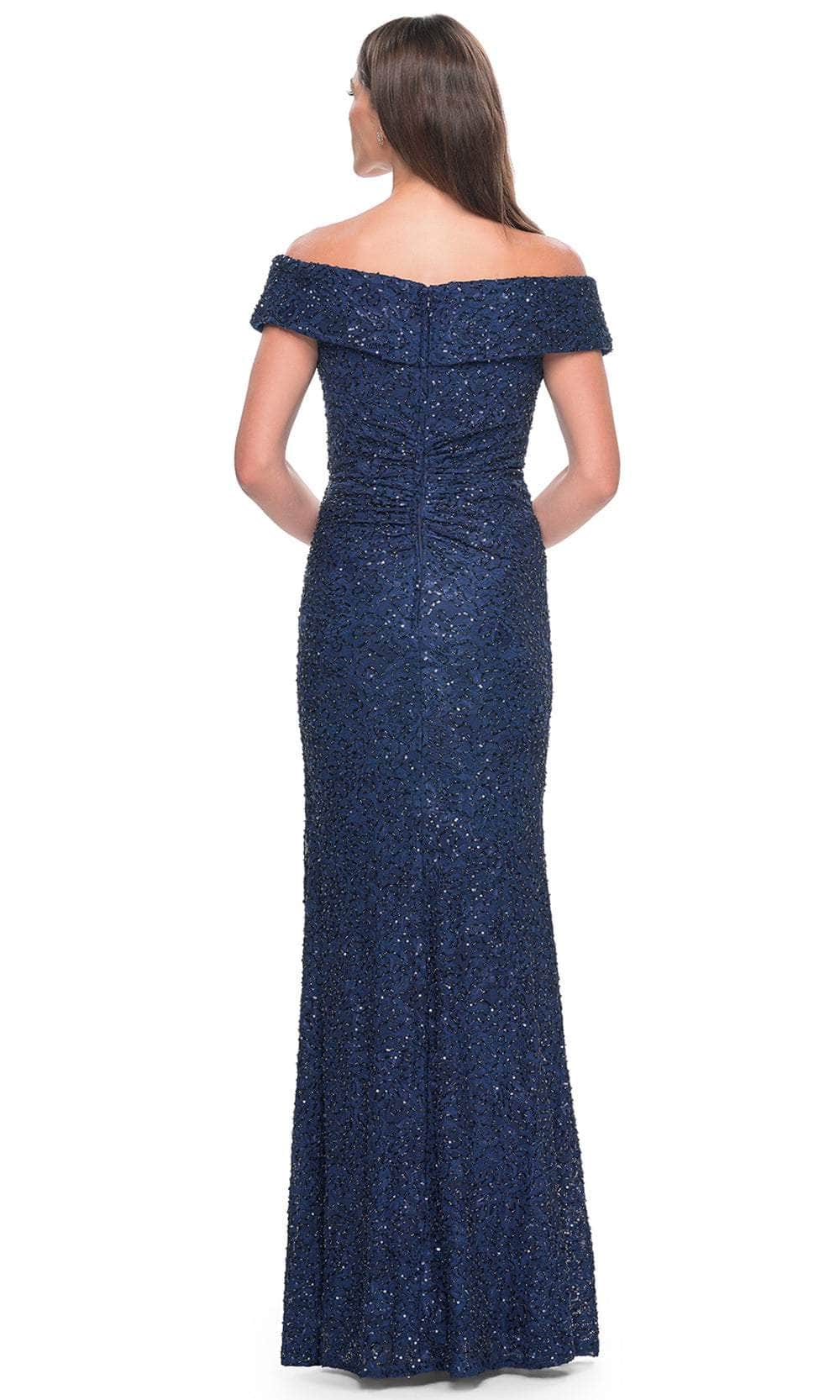 La Femme 31679 Lace Beaded Ruched Off the Shoulder Evening Gown