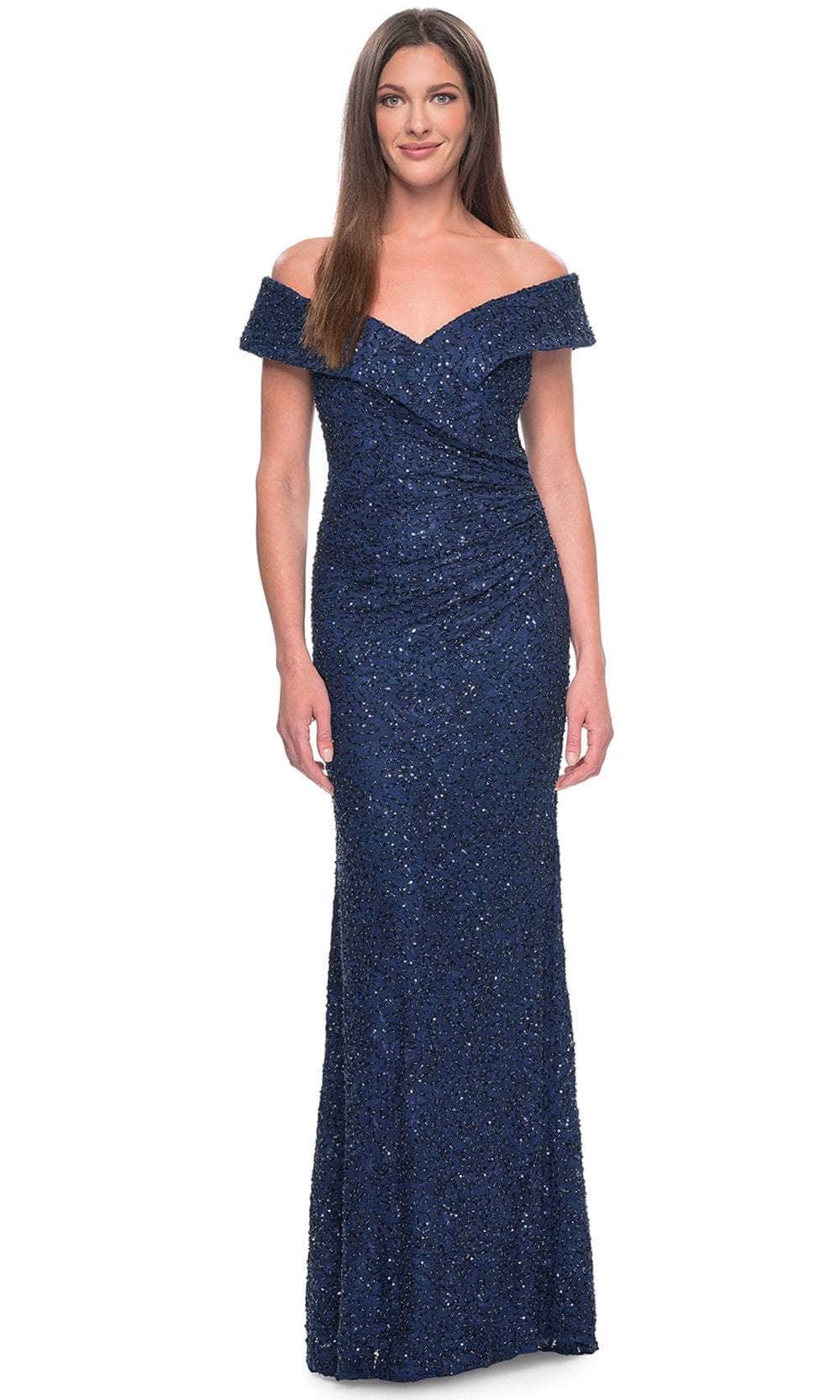 La Femme 31679 Lace Beaded Ruched Off the Shoulder Evening Gown