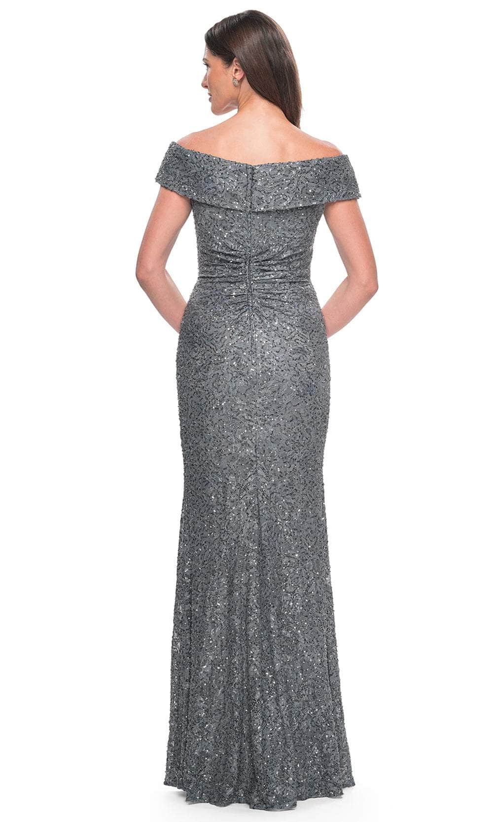 La Femme 31679 Lace Beaded Ruched Off the Shoulder Evening Gown