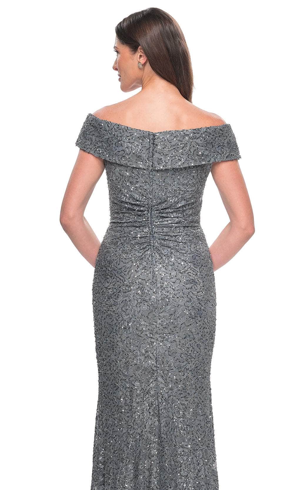 La Femme 31679 Lace Beaded Ruched Off the Shoulder Evening Gown