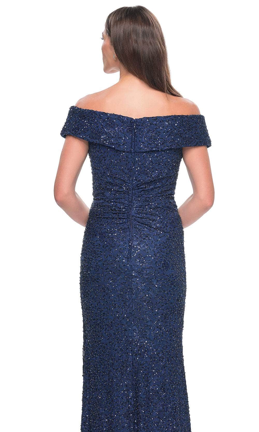 La Femme 31679 Lace Beaded Ruched Off the Shoulder Evening Gown