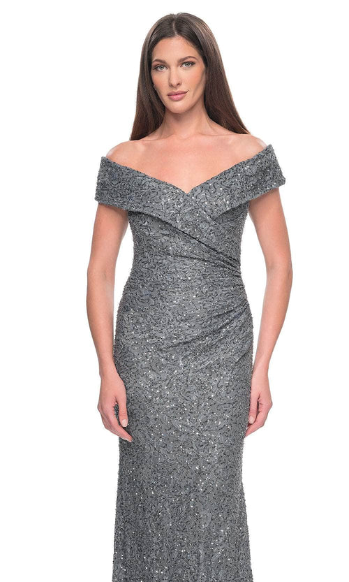 La Femme 31679 Lace Beaded Ruched Off the Shoulder Evening Gown