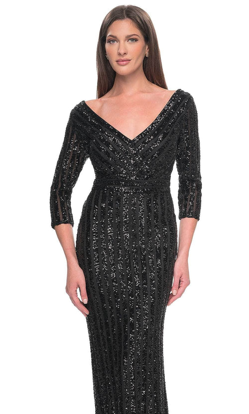 La Femme 31681 Beaded Sequin Open Back V Neck Evening Gown