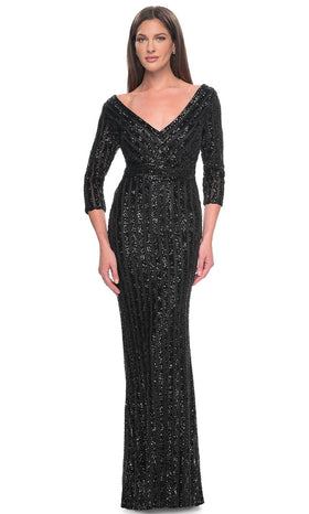 La Femme 31681 Beaded Sequin Open Back V Neck Evening Gown