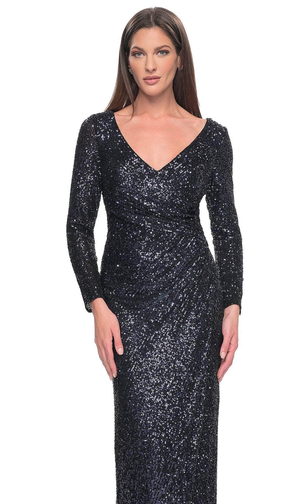 La Femme 31698 Sequin Ruched Open Back V Neck Evening Gown
