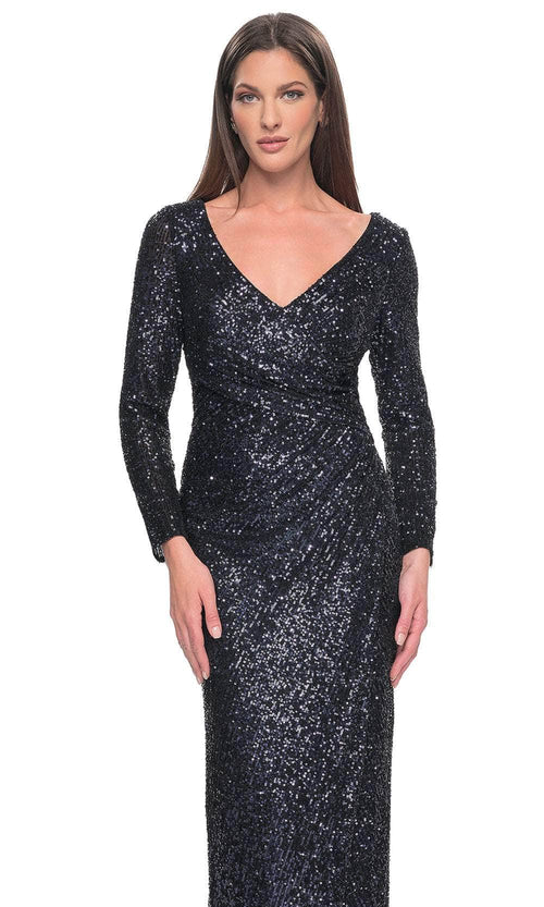 La Femme 31698 Sequin Ruched Open Back V Neck Evening Gown