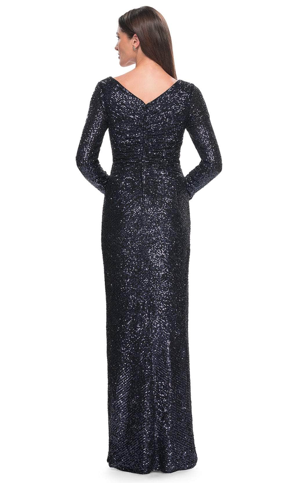 La Femme 31698 Sequin Ruched Open Back V Neck Evening Gown