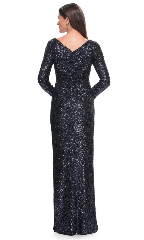 La Femme 31698 Sequin Ruched Open Back V Neck Evening Gown