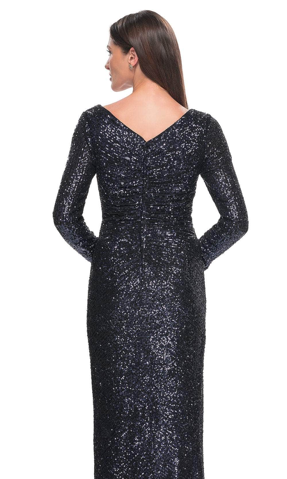 La Femme 31698 Sequin Ruched Open Back V Neck Evening Gown