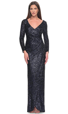 La Femme 31698 Sequin Ruched Open Back V Neck Evening Gown