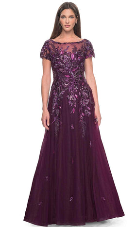 La Femme 31712 Tulle Beaded Sequin Bateau Evening Gown