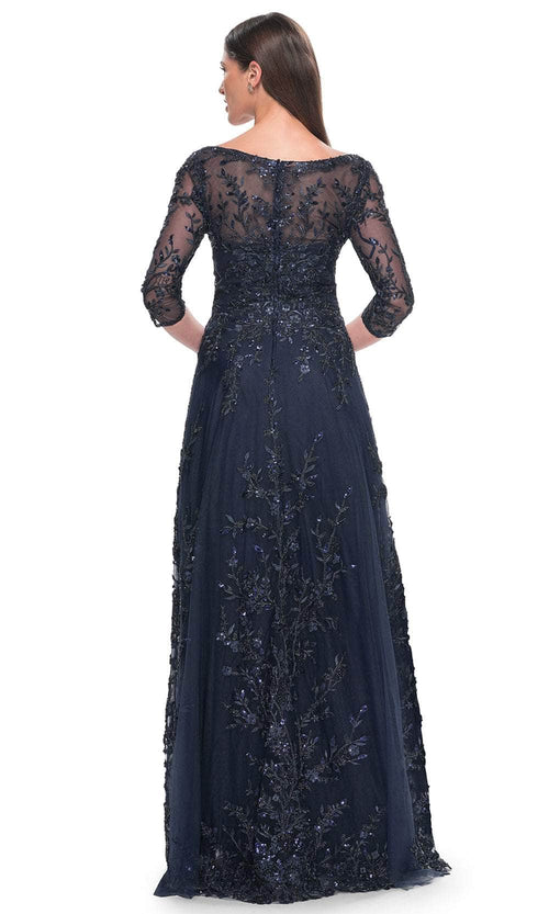 La Femme 31719 Lace Beaded Sequin V Neck Formal Dress