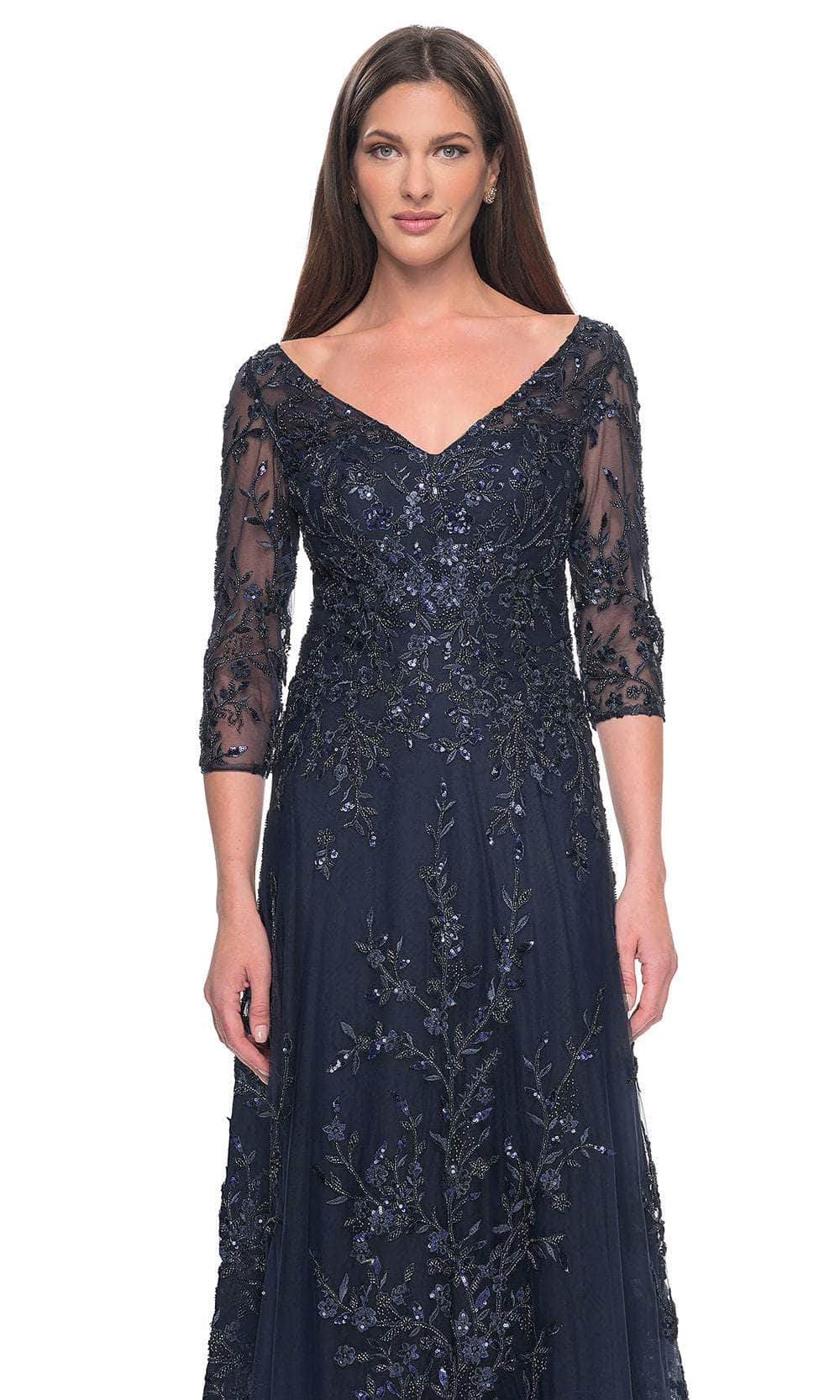 La Femme 31719 Lace Beaded Sequin V Neck Formal Dress