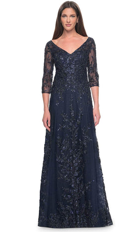 La Femme 31719 Lace Beaded Sequin V Neck Formal Dress