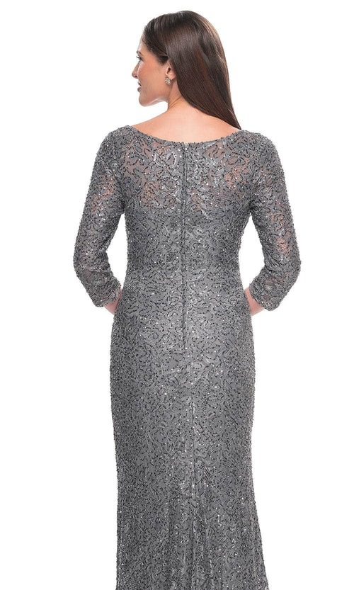 La Femme 31721 Lace Beaded Ruched V Neck Evening Gown