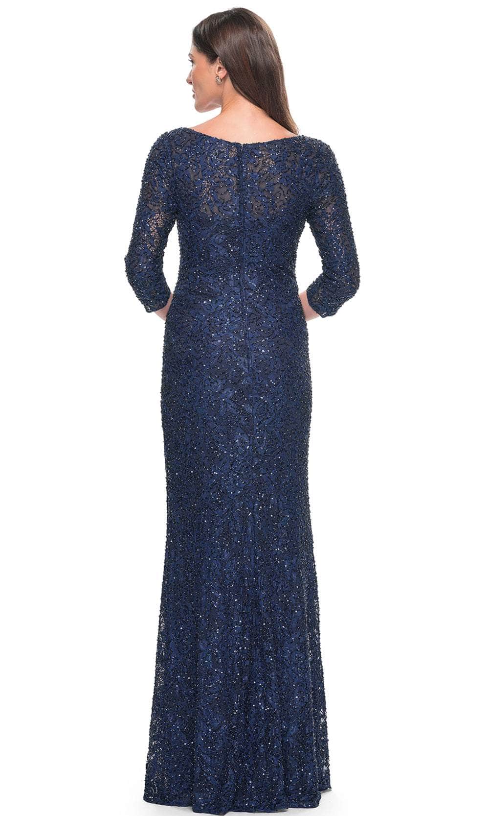 La Femme 31721 Lace Beaded Ruched V Neck Evening Gown